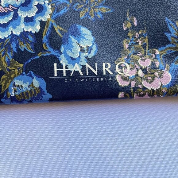 NWOT HANRO FAUX LEATHER NAVY BLUE FLORAL BIRD PRINT ZIPPED COSMETIC POUCH BAG - Picture 3 of 6
